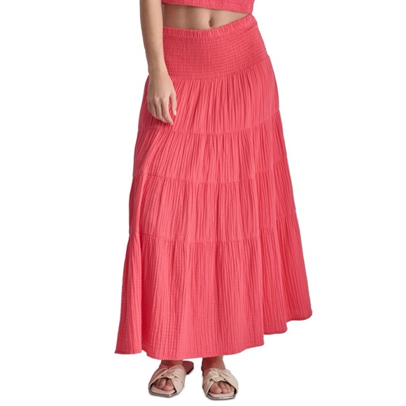 DKNY Women's Cotton Smocked-Waist Tiered Maxi Skirt  in Black Size Large - Picture 7 of 10